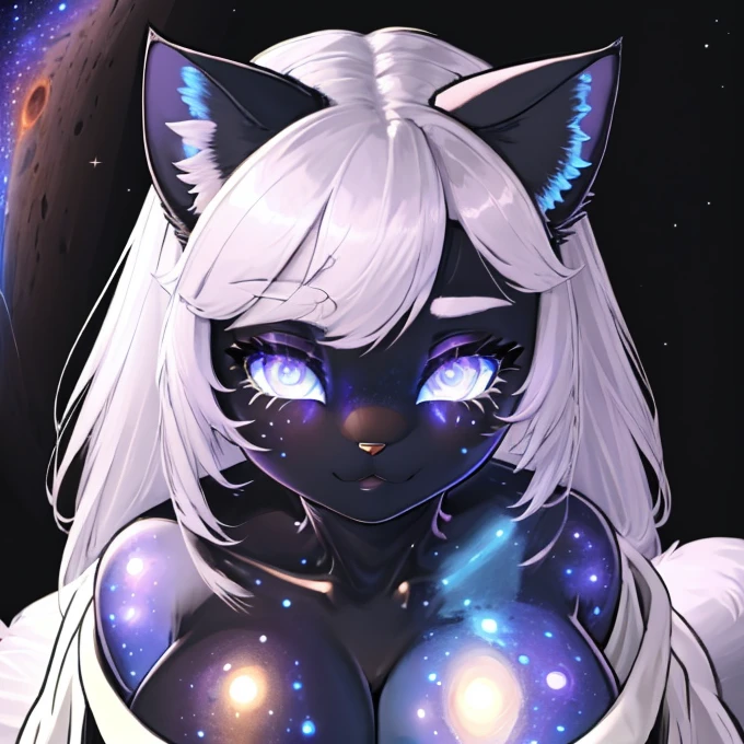 best quality, highest quality, masterpiece, high resolution,  clean picture, smooth picture, high details, symmetrical, 
view from above, from above,
transparent skin, cosmic skin, star skin, glowing skin, glowing eyes, 
1girl, cat girl, cat ears,anthro, furry, bodyfur, robe,
big breasts, white hair,
galaxy girl,  