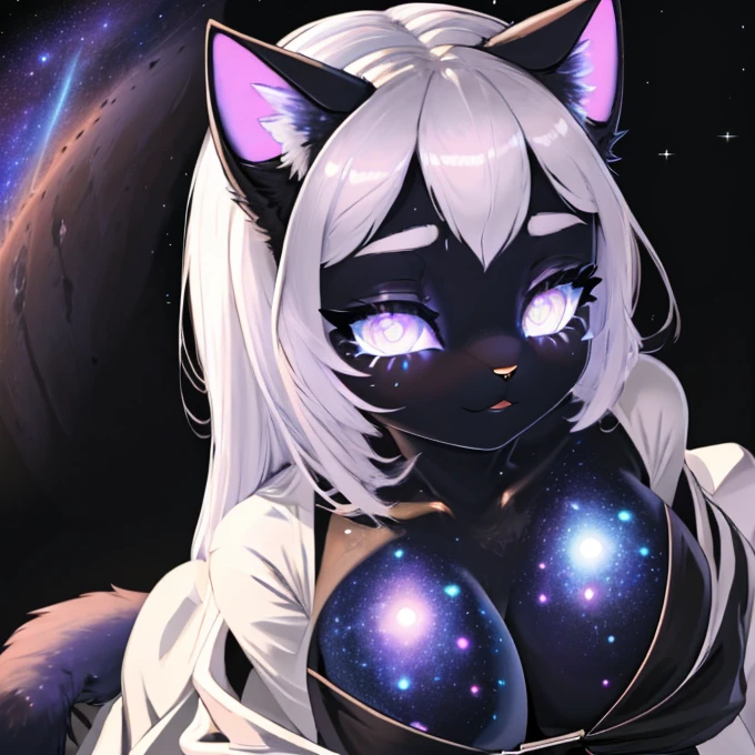 best quality, highest quality, masterpiece, high resolution,  clean picture, smooth picture, high details, symmetrical, 
view from above, from above,
transparent skin, cosmic skin, star skin, glowing skin, glowing eyes, 
1girl, cat girl, cat ears,anthro, furry, bodyfur, naked, horny smile,
big breasts, white hair, spreading legs , wet open pussy,
 galaxy girl,  