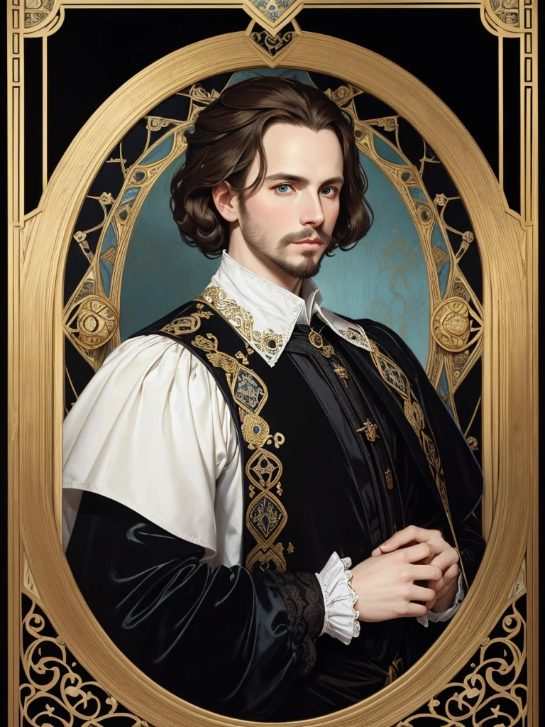 Portrait of Christopher Marlowe, white skin, piercing icy blue eyes, silky golden-brown hair, refined features, charp jawline, clean shaved, black Elizabethan era velvet in, Shakespearen black velvet doublet, embroidered with gold, white laced shirt, Art Nouveau style, Mucha style, Mucha background, realism, high quality