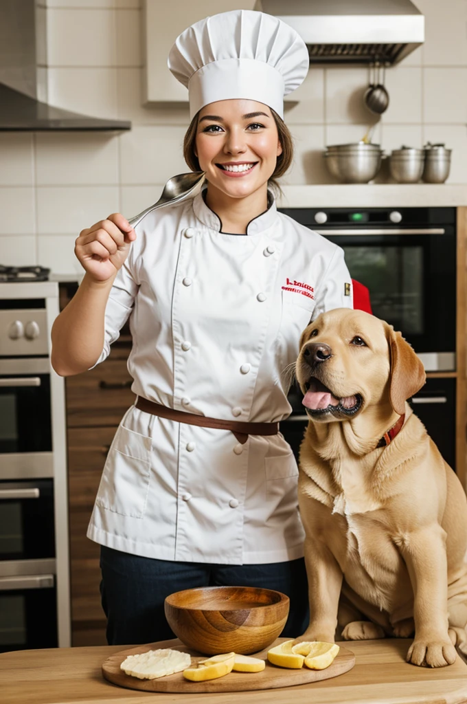 Labrador puppy smile and chef hat on the head and spoon in hand