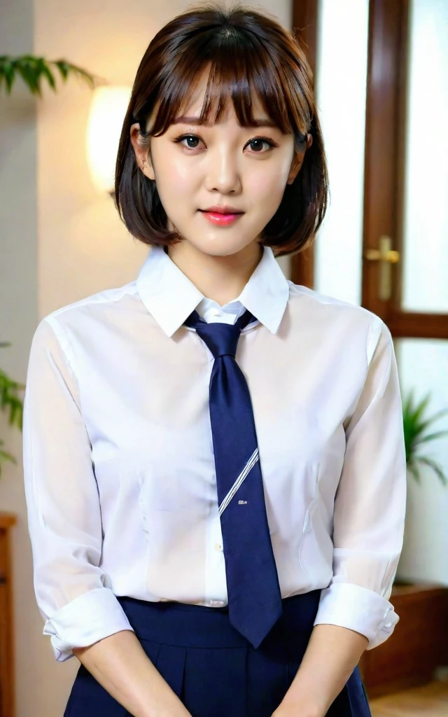 there is a woman wearing a tie and a white shirt, with short hair, beautiful south korean woman, korean girl, sun yunjoo, cute korean actress, gorgeous young korean woman, lee ji-eun, lee ji - eun, xintong chen, neat hair with bangs, short brown hair with bangs, beautiful young korean woman, heonhwa choe, bared grand big tits