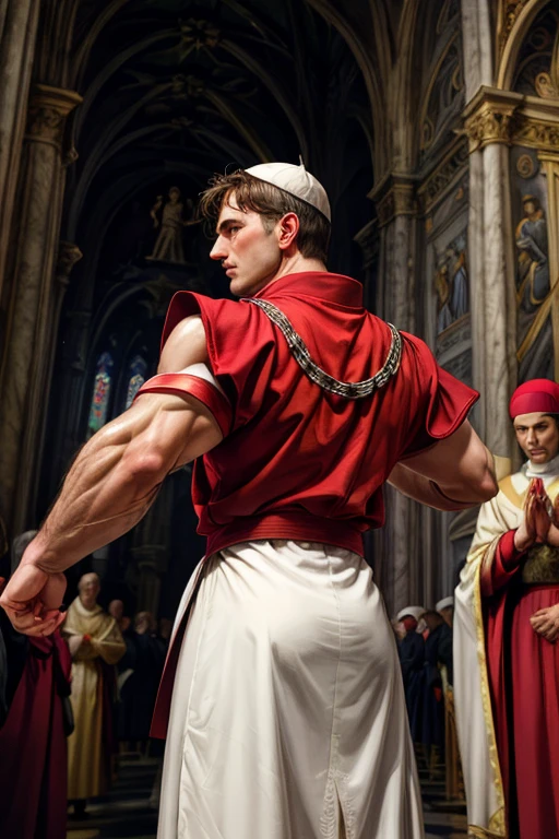 looking back, DariusFerdynand wearing well-fitted sleeveless red and white sheer tight Roman-Catholic-pope robe-armor, looking at viewer, peaceful and righteous expression, dynamic pose BREAK St. Peter's Basilica, Vatican, BREAK heroic, religious motifs, Chiaroscuro, Renaissance art, ecclesiastical power, BREAK realistic, cinematic, best quality, detailed background, depth of field, intricate details