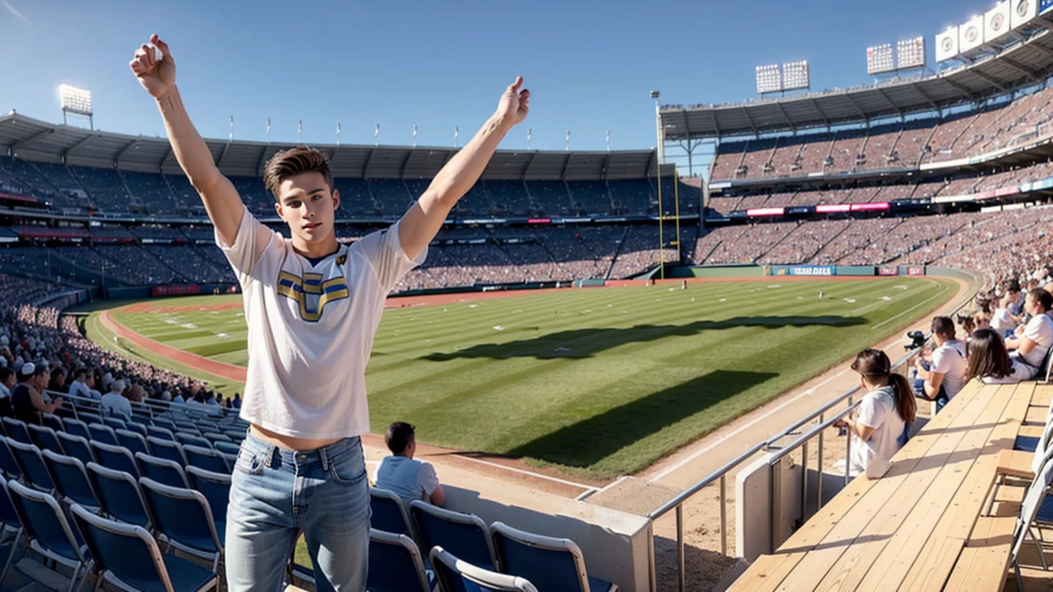 (Practical,Reality,Photo-real:1.37),Extremely detailed,Swedish man，20 years old，Healthy body，White short-sleeved top，jeans,Shown in ((Stand in the audience)) stadium,The background is the NFL game field,the audience was very large，（be booked up），very excited,author：Jacob Goldman,Bright Lights.,Warm atmosphere，