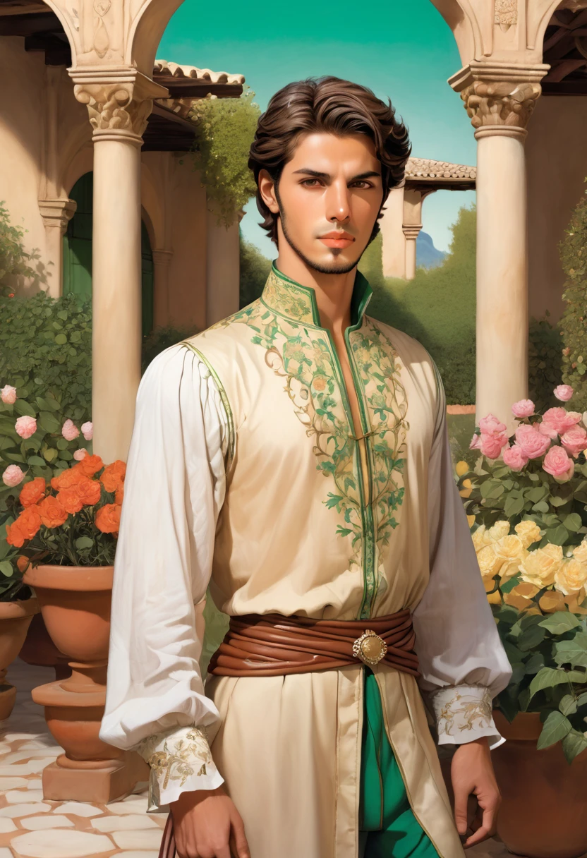 1 diverse species, color and size flowers in a spanish musulman garden  STYLE: in leng_jun+roberto_ferri art style, A mixture of photography and painting, 1800´s style  view from the front Image   VIEW: ((fullbody)) portrait ,   SUBJECT: Young man, musulman spanish prince,  FACE: diamont shaped, brawn straight short hair, green large eyes, straight nose, full lips, square chin, gorgeous, handsome EXPRESSION, confident, autosuficient expression BODY:  perfect anatomy , slender