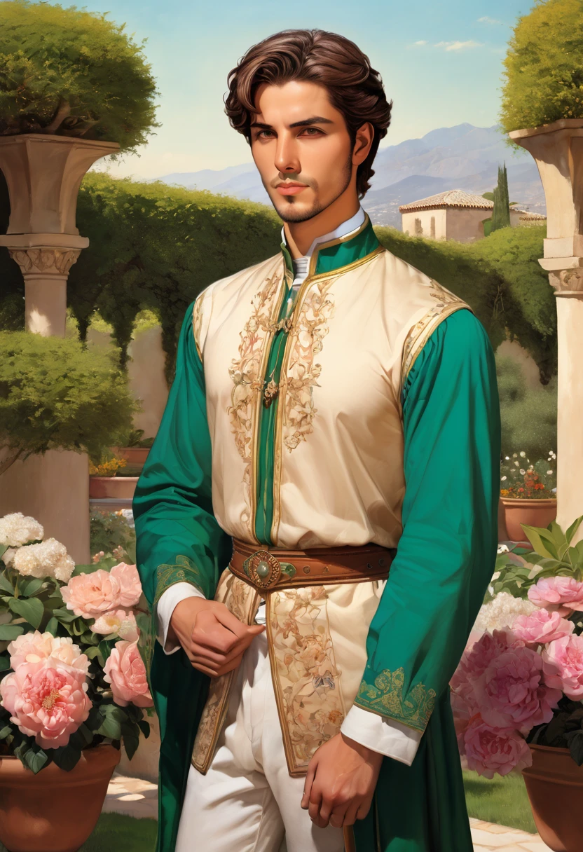 1 diverse species, color and size flowers in a spanish musulman garden  STYLE: in leng_jun+roberto_ferri art style, A mixture of photography and painting, 1800´s style  view from the front Image   VIEW: ((fullbody)) portrait ,   SUBJECT: Young man, musulman spanish prince,  FACE: diamont shaped, brawn straight short hair, green large eyes, straight nose, full lips, square chin, gorgeous, handsome EXPRESSION, confident, autosuficient expression BODY:  perfect anatomy , slender