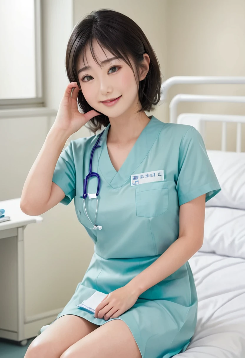 (full body shot), 1girl, (cheek heart:1.4), smiling beautiful Japanese female nurse wearing fitted aqua nurse dress, beautiful detailed face, Japanese woman, sitting, black hair, pale skin, realistic skin, detailed cloth texture, detailed hair texture, Perfect proportion, accurate, Anatomically correct, Highly detailed face and skin texture, modern hospital bed, photorealistic