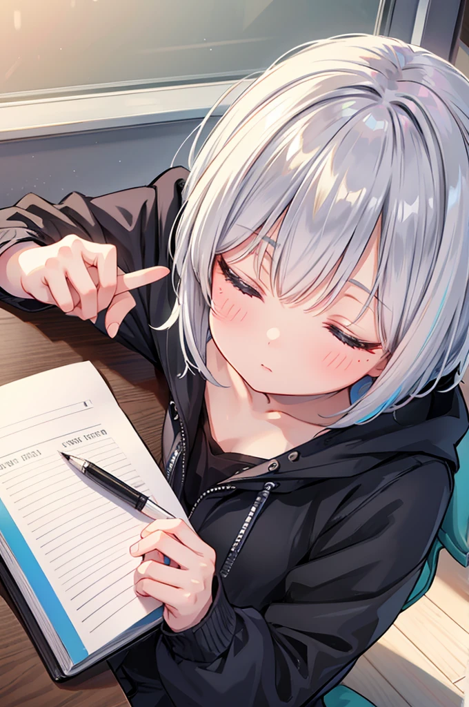 (A girl with silver bob hair is sleeping in class)I have a mechanical pencil、Low - Angle