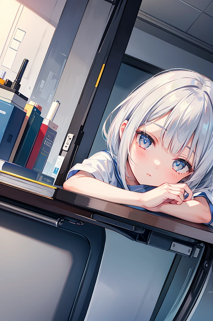 （A girl with silver bob hair is sleeping in class）I have a mechanical pencil、Low - Angle