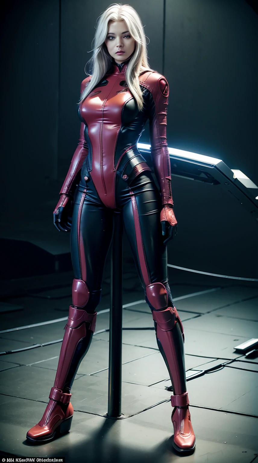 ((Full body photo, standing, on the floor)) Alexandra Daddario as X-Men Rogue, extremely realistic, very beautiful, sexy, hair with white bangs, big ass, thick fitness legs, robotic body, sorayama style
