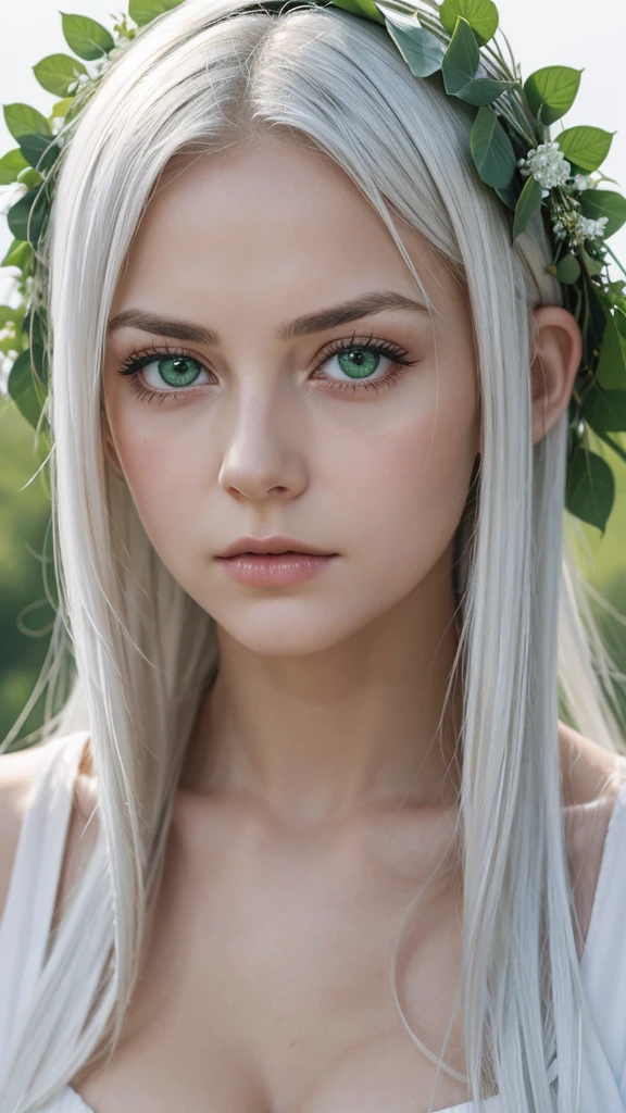 a girl.  face sent feeling.  Europe.  Oval face.  long face.  delicate facial features.  sad eyes.  seductively seductive.  green eyes.  platinum white hair.  wreath on head.  Sad and disappointed expression.  shy.  outdoor