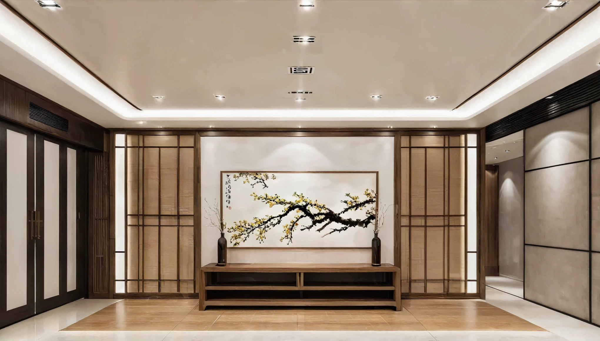 8K, real, (realistic:1.2), exhibition, exhibition hall, background wall, company entrance, （front view:1.1), 24mm wide-angle lens, wood grain, metal, leather style, (simple style:1.2), (light tone:1.1),modern chinese style,white ceiling，recessed lighting，wall decoration