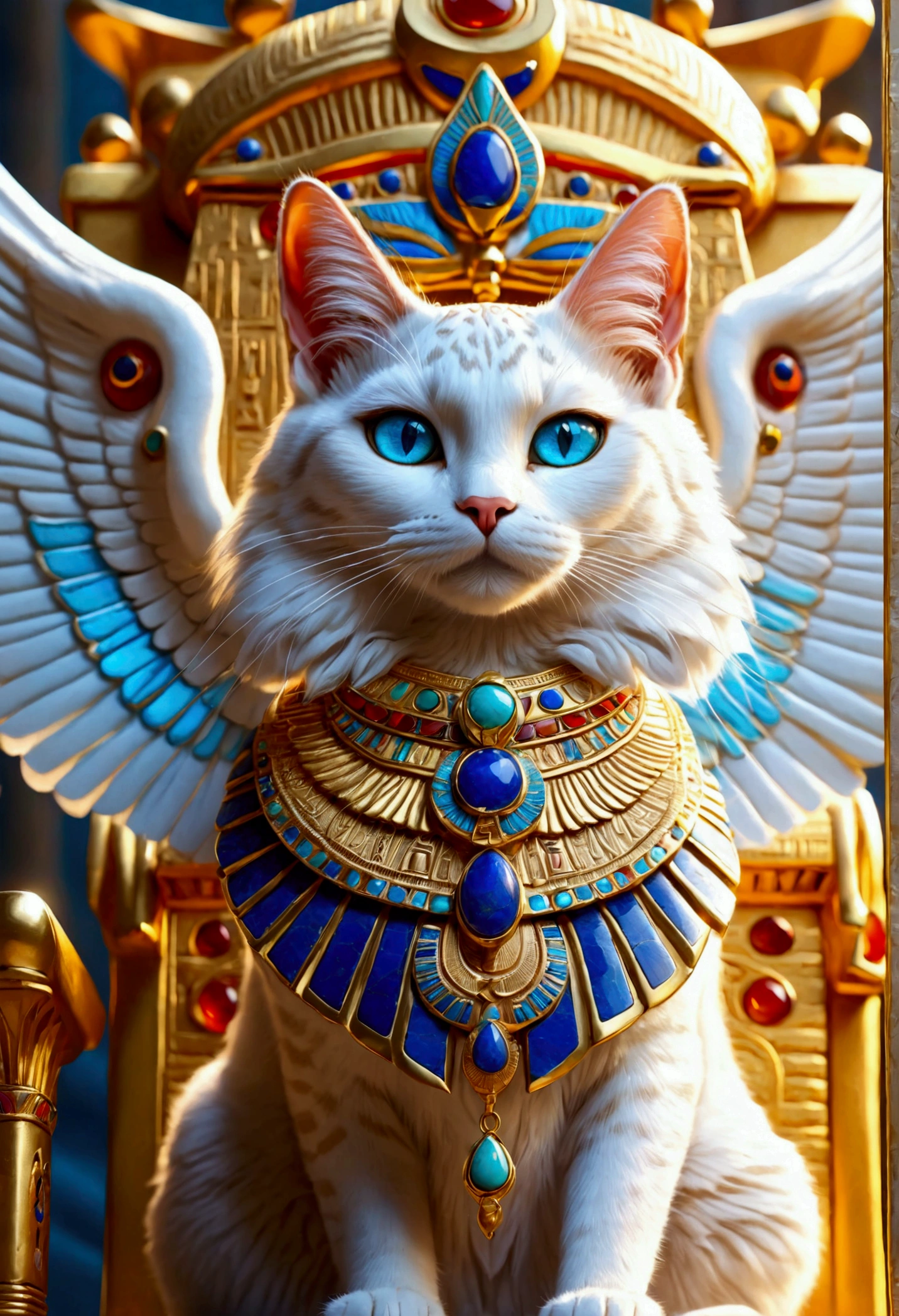 ((Anthropomorphic:1.3) feline goddess ((holding big divine golden radiating cookie above its head:1.3)), ((sitting upon Egyptian majestic golden seat:1.2) with luxurious fabrics and intricate carvings and hieroglyphs, (backseat wings:1.2), (collar with lapis lazuli, turquoise, carnelian:1.1), (intricate Egyptian regal headdress encrusted with gems:1.2), white fur, blue eyes, (columns with intricate hieroglyphs), bright colors, masterpiece in maximum 16K resolution, best quality, ultra detailed, aesthetics, absurdes.