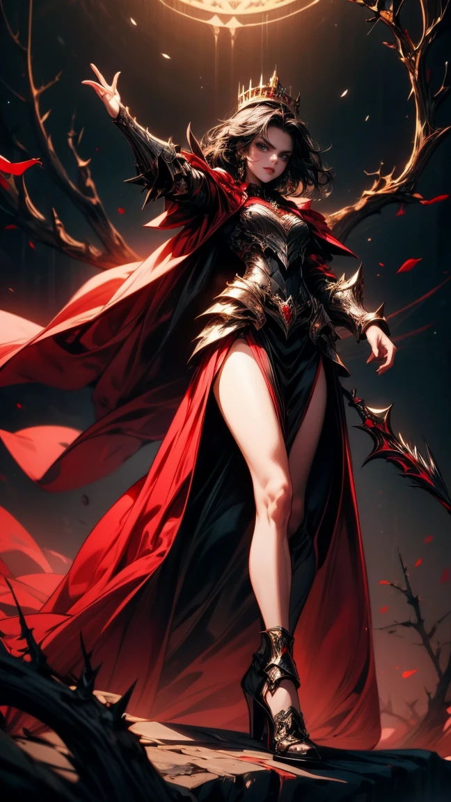 Masterpiece, high quality, super detailed, wallpaper, woman, full body, black armor with black and red details, viewed from below, looking at the viewer, fit body, heels with black thorns, black and red short thorn crown, very short black hair, blue eyes, red lips, black eye makeup, black cape with black embroidery, angry look, stunning, in various poses, open hands, armored, detailed face, black background, small , no nude