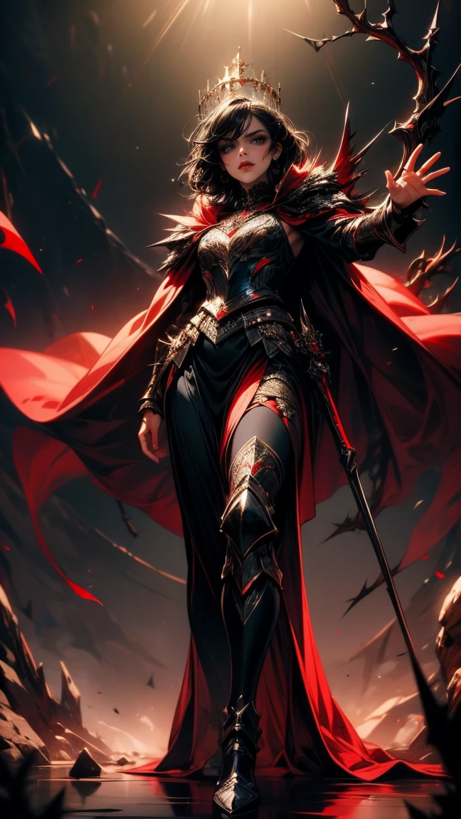 Masterpiece, high quality, super detailed, wallpaper, woman, full body, black armor with black and red details, viewed from below, looking at the viewer, fit body, heels with black thorns, black and red short thorn crown, very short black hair, blue eyes, red lips, black eye makeup, black cape with black embroidery, angry look, stunning, in various poses, open hands, armored, detailed face, black background, small , no nude