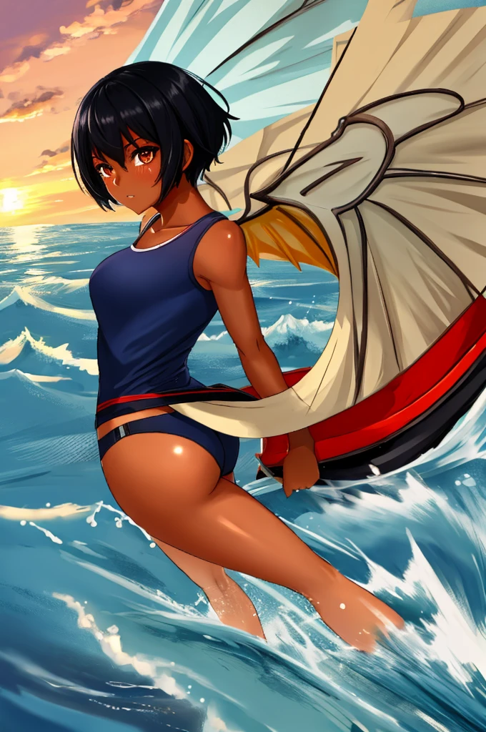 (best quality, high quality, ultra quality, Absurd:1.5), One girl, fighter, (Black Hair, Pixie Cut, Sunburn, Sunburnlines, Dark skinned women, Dark Skin:1.3), (gigantic 胸), Dark blue school swimsuit, Outdoor,  sunset, beach, (ass pov), (Dutch angle:1.2),