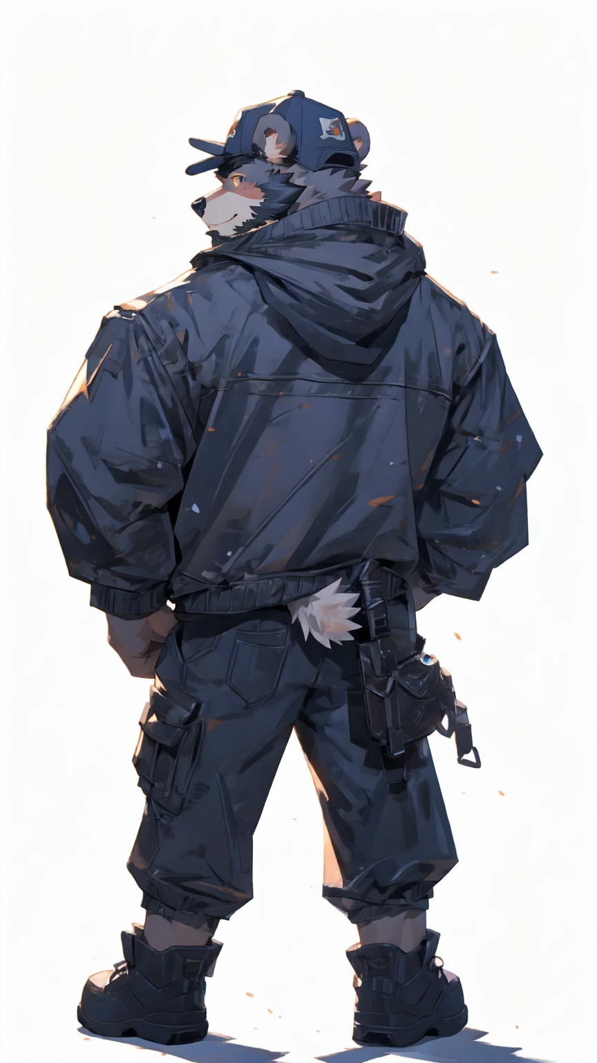 (masterpiece:1.2), best quality,pixiv,official art,perfect ???????, (Ray tracing, light),solo, (1_male:1.3) , (muscle), (grey fur:1.4), (muscle bear), (beard:1.2), (gleaming golden eyes), bear tail, full body, Thick black eyebrows, baseball cap, (open short hoodie), (naked inside),Ripped short jeans, black short boots, (pure white background: 1.3), back view, (rear view:1.3), hand in the pocket