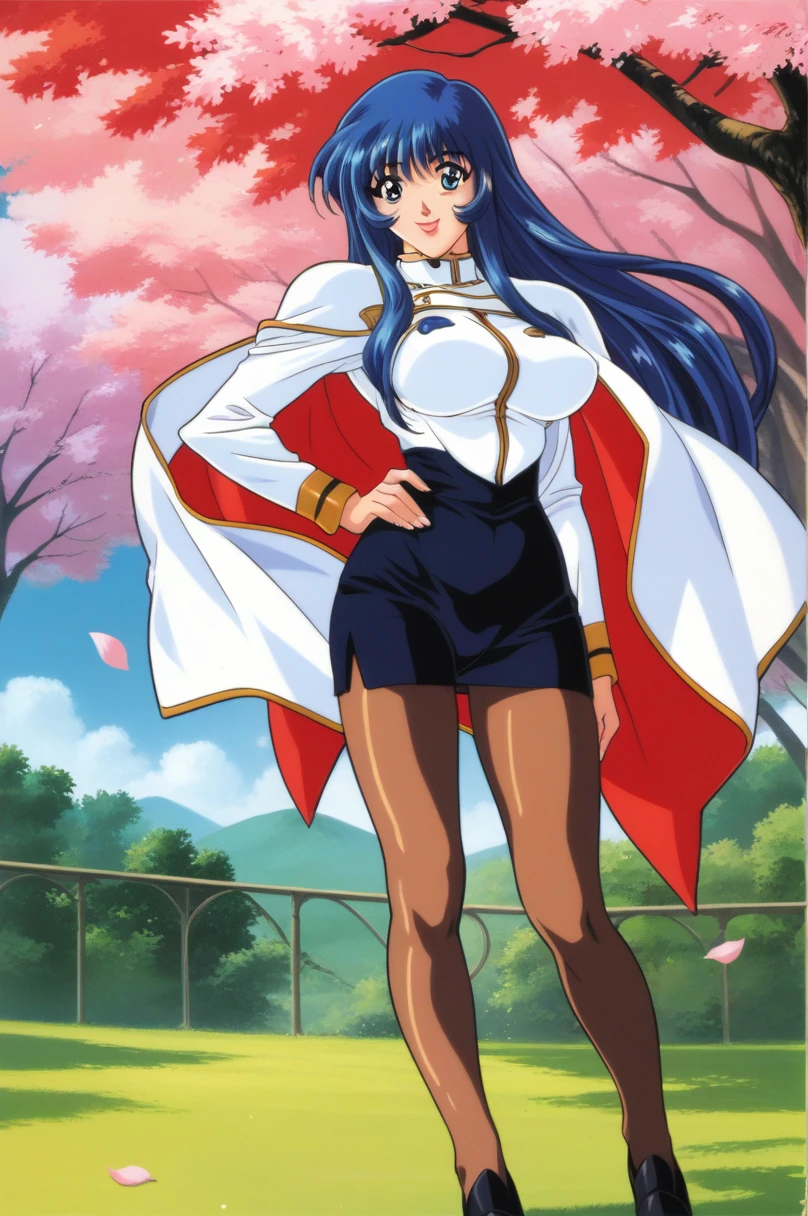 score_9,score_8_up,score_7_up,masterpiece,best quality,very aesthetic,absurdres,official art,official style,
Misumaru Yurika,1girl,solo,retro artstyle,pantyhose,blue hair,long hair,blue eyes,huge breasts,toned hips,cameltoe,vivid lips,sexy girl,1990s \(style\),petals,cape,skirt,uniform,flower,smile,pencil skirt,standing,day,
