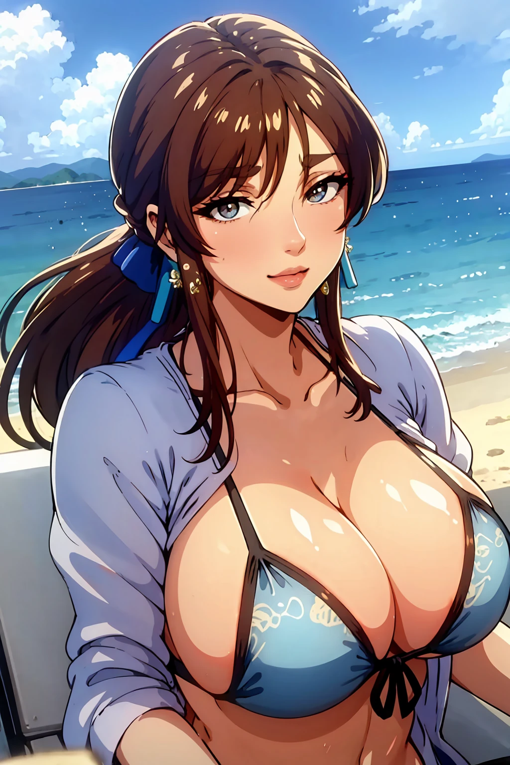 (masterpiece),((Highly detailed hair)),((expressive eyes)),(sexy micro bikini),happy expression,extremely beautiful mature woman, milf,best quality,cel shading,8K ,ultra HD,highly detaild face, highly detaild eyes,flat color,(wide angle),standing,high contrast,contrapposto,beautiful beach,aaitoe, brown hair, brown eyes, earrings, jewelry, long hair, lips, ponytail,(massive breasts)