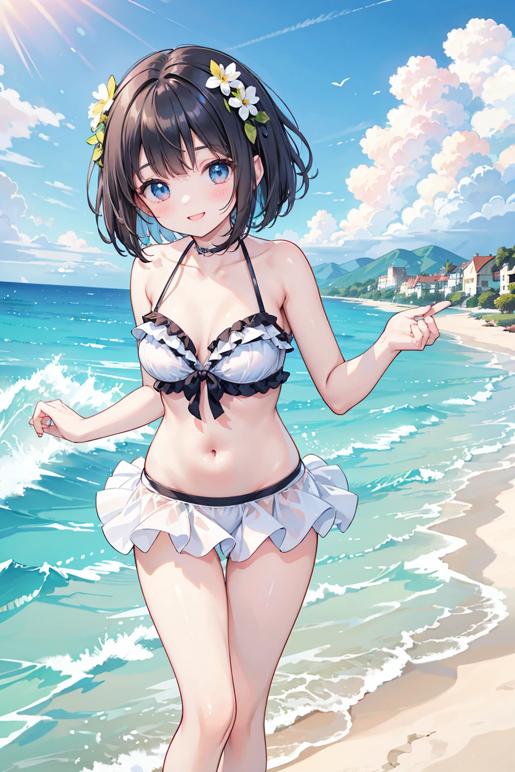 Photorealistic、Highest quality、Highest Resolution、Highest quality、８Ｋ、One beautiful woman、cute、Bob Cut Hair、Dark Hair Color、Beautiful breasts、Frilled bikini、Beautiful sea、Beautiful beaches、looks fun、Frolic with a smile、