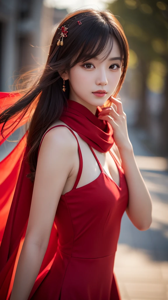 最high quality, masterpiece, High resolution, One girl, Chinese Hanfu,Chinese Architect Background, Red scarf, hair ornaments,necklace, jewelry,Beautiful Face,On top of that_body, Tyndall effect,Realistic, Dark studio, Rim Light, Two-tone lighting,(Skin with attention to detail:1.2), 8k uhd, Digital SLR, Soft lighting, high quality, Volumetric lighting, Frank, photograph, High resolution, 4K, 8k, Bokeh,Girl in a red dress