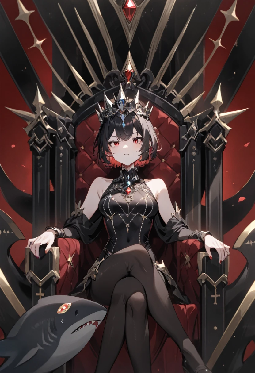 Queen，short hair，Red eyes，chest，Black pantyhose，Jewel swimsuit，Hands at your sides，throne，Black shark tail，Cross your legs