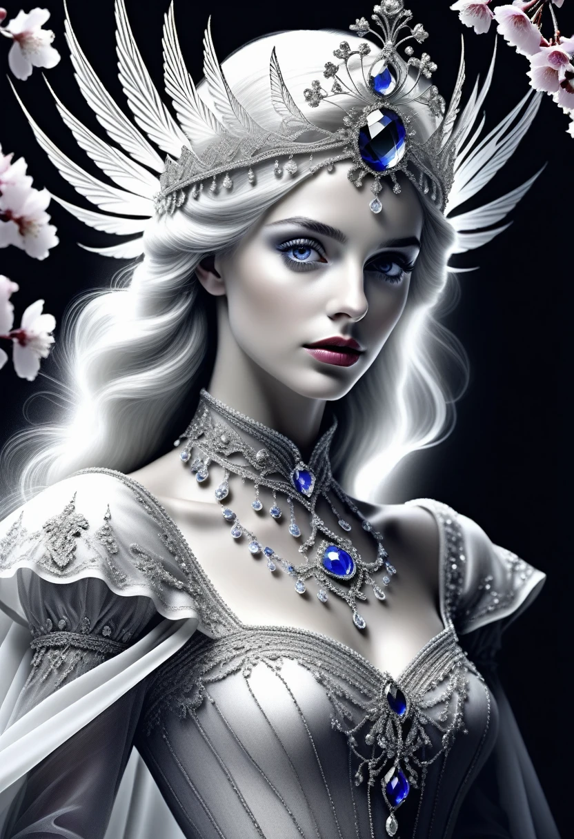 (pencil_sketch:1.2, Messy lines, Grayscale, traditional media, sketch),(Full body portrait:1.5), (Telephoto design:1.5), Fairy Queen, High-class Elf Noble Clothing, proudly, Shy, bell, Triple Crown, Glowing White pupils, Eyes look toward the center of focus, Wrapped in lavender metallic canvas, Exudes a dark fantasy and atmosphere, Intricate details, Highlight fine strokes, Dark, rich palette, Black, Red, White, blue, Added to enhance the overall atmosphere, Beautiful details shine, Smooth and flawless, Through double exposure technique, A hauntingly beautiful mist shrouds the landscape, Delicate crystal structure sparkles, Ethereal Light, Soft light pink cherry blossoms, Exquisite carpet flooring, Fiber optic thin fibers increase touch, complex, Red and swollen nose, Rococo style, High Detail, Concept Art, Ultra HD, Anatomically correct, Super Detail, best quality, 8K