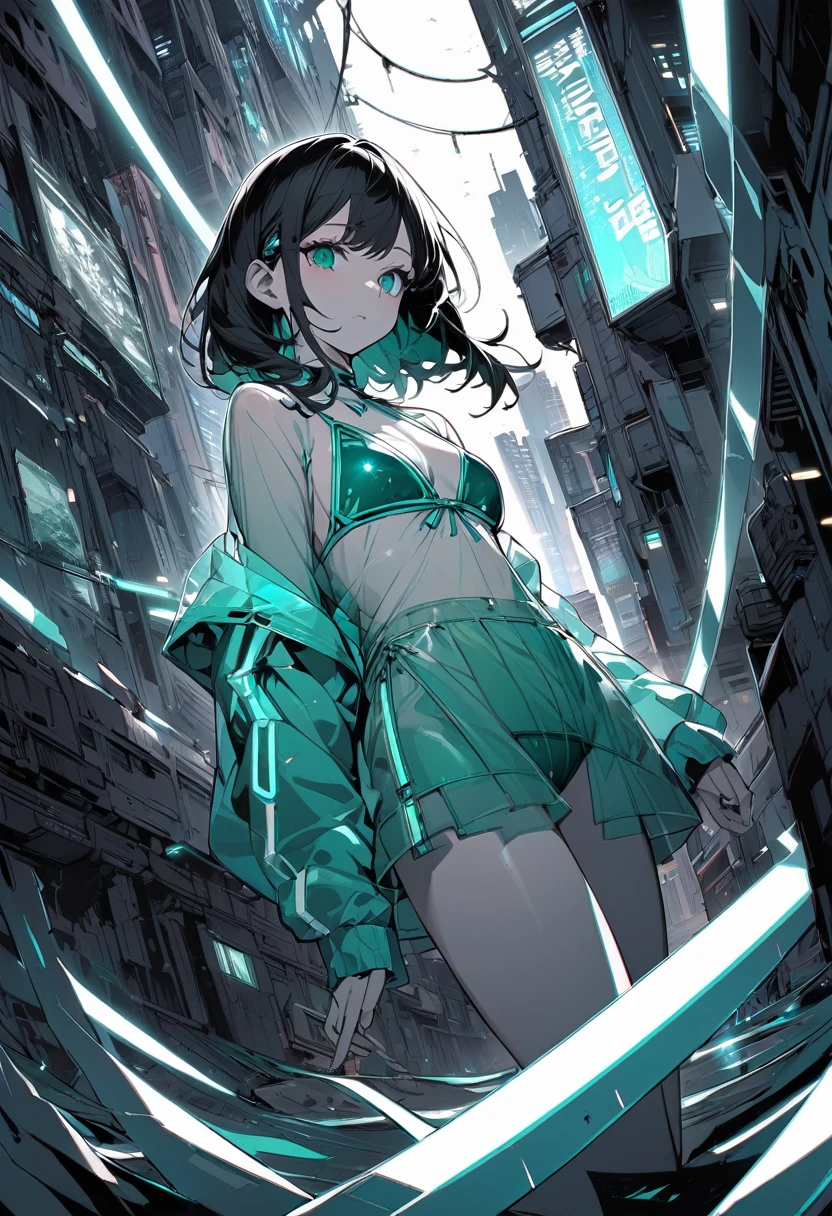 prism、See-through、irionochrome Tiffany Blue, Highest quality, Super Fine, 16K, Unbelievably absurd, Very detailed, delicate and dynamic, pretty girl, Three-dimensional effect expressed through light and shadow, Eye-catching effect, modern art, Monochrome Tiffany Blue, Highest quality, Super Fine, 16K, Unbelievably absurd, Very detailed, delicate and dynamic, pretty girl, Three-dimensional effect expressed through light and shadow,Low - Angle、 Emerald green eyes、服の一部分がSee-through、Cinematic angles、optical fiber、Connected Cord、発光しているパーツSee-throughのパーツ、Cyberpunk cityscape, young woman with long black hair wearing an emerald green powered exosuit, standing in a contemplative pose amidst the neon-lit ruins, textured digital art with muted tones and subtle ambient noise, detailed and intricate illustration, dystopian and gritty yet beautiful, a glimmer of hope in the decay,Fish Girl in Sci-fi translucent mechanical bikini ++,The bikini is see-through and sparkly