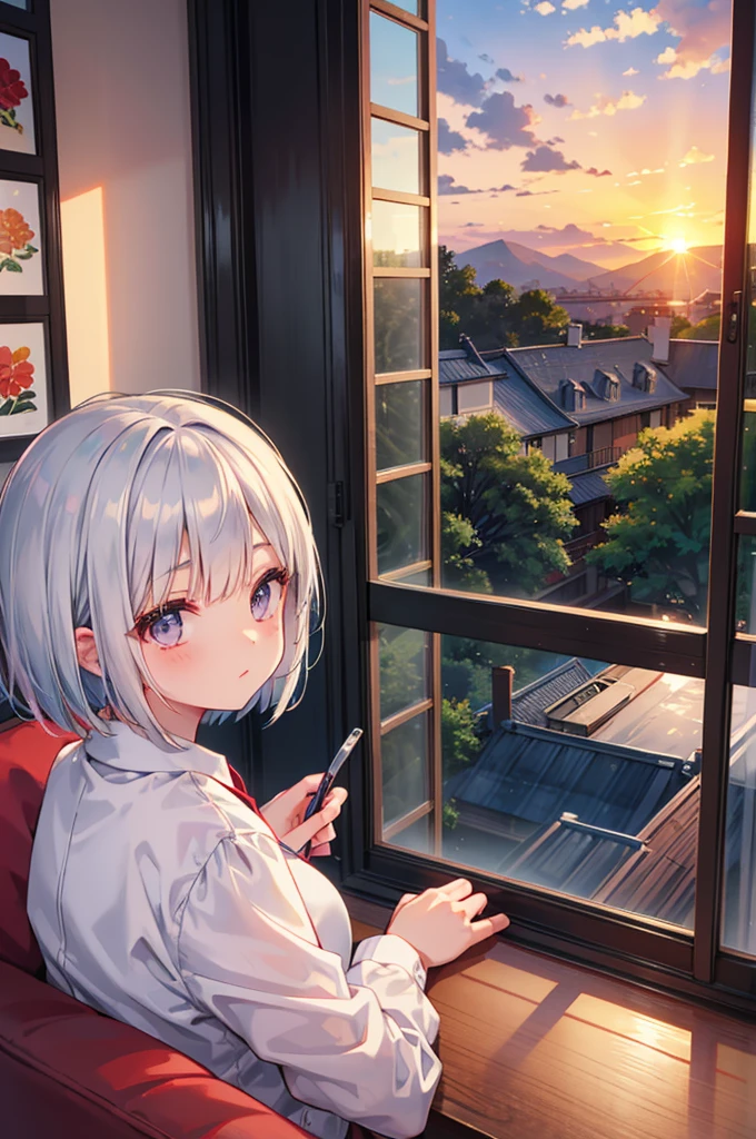 （A woman with silver bob hair looks out the window）、sunset　nature