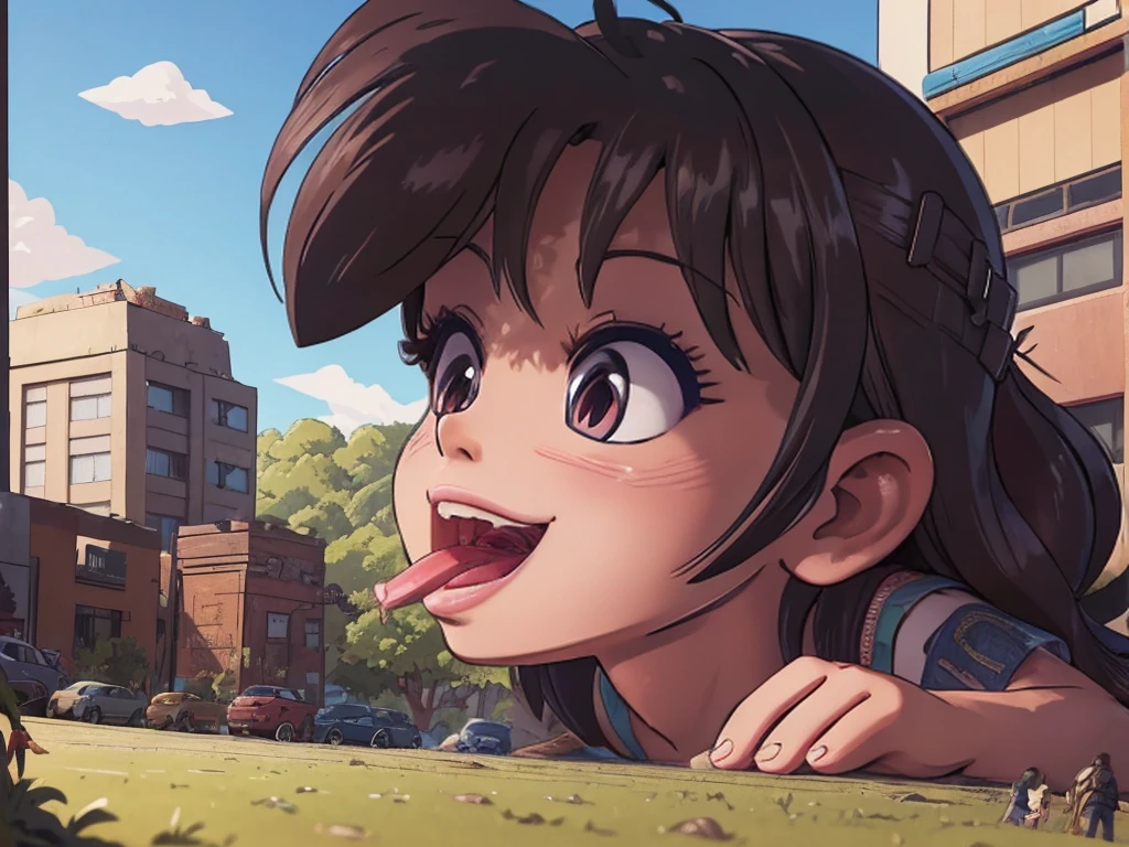 Urban Department、giantess eating tiny people,vore illustrate,Smile and open your mouth wide、迫力のあるLow - Angle、Eatable POV、小さなUrban areaにうつ伏せになる、Adult women、anime、エロanime、変態anime、nude、Sunset、blush、Black Hair、Brown Hair、smile、steam、Urban area、Tokyo、Woman looking down on a dwarf、Low - Angle、View from the main street、Horror、Woman destroying a small metropolis、rubble、Collapsed small buildings、A small abandoned village、Small residents fleeing、A woman who enjoys destruction、Lifting a tiny person、Eat little people、Close-up of the mouth、Enlarged view of the face