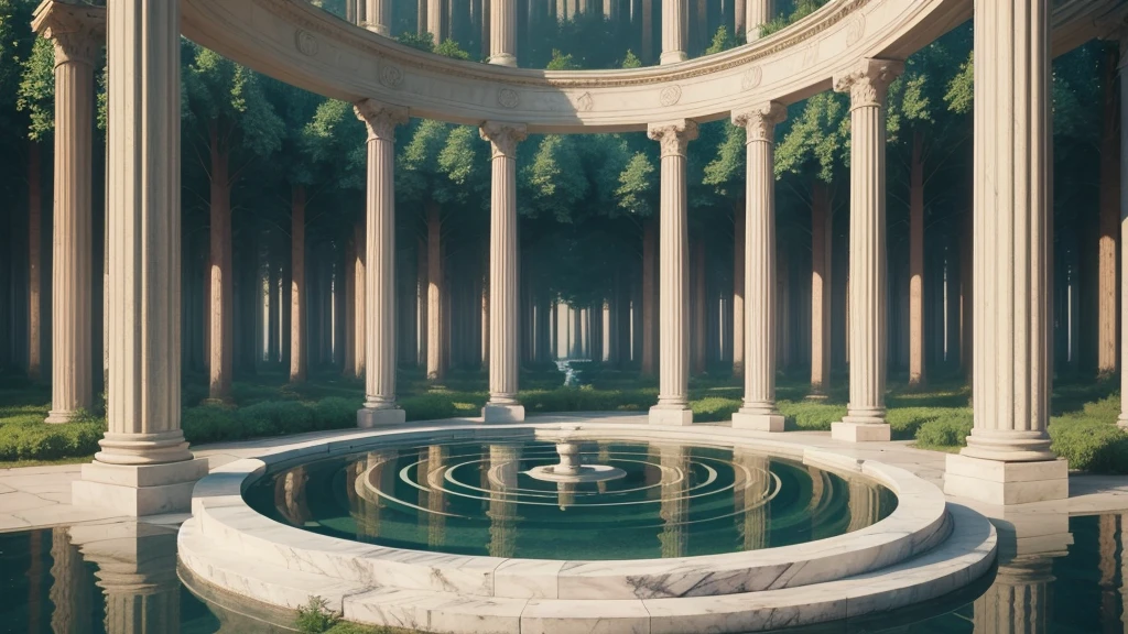 a scene of a forest with different trees, with lakes, in the center marble pillars with a white circle with gold