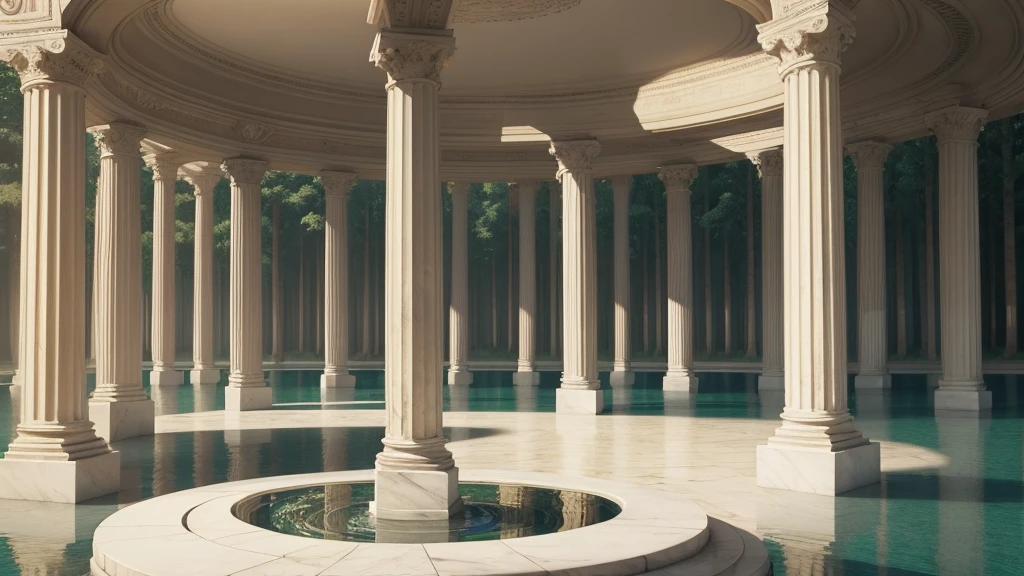 a scene of a forest with different trees, with lakes, in the center marble pillars with a white circle with gold