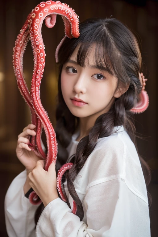 ((Highest quality、8k、masterpiece: 1.3)), (()), ((Tentacles caressing the girl's perineum)),Pure Idol、Japanese、((Layered Hairstyles、Huge boobs: 1.2)),Volume bust size、Very big, Tabletop, Highest quality, wallpaper, Purple transparent octopus,(((Vitreous skin))) ,Starlight,Realistic, High resolution, detailed
