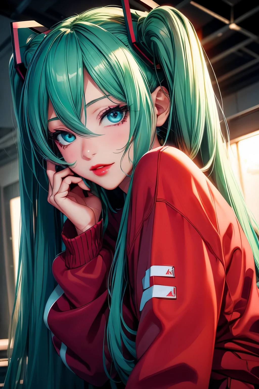 HATSUNE MIKU, CG 8k ultra-realista, beautiful woman, seductive eyes, make-up, red lips, casual clothes