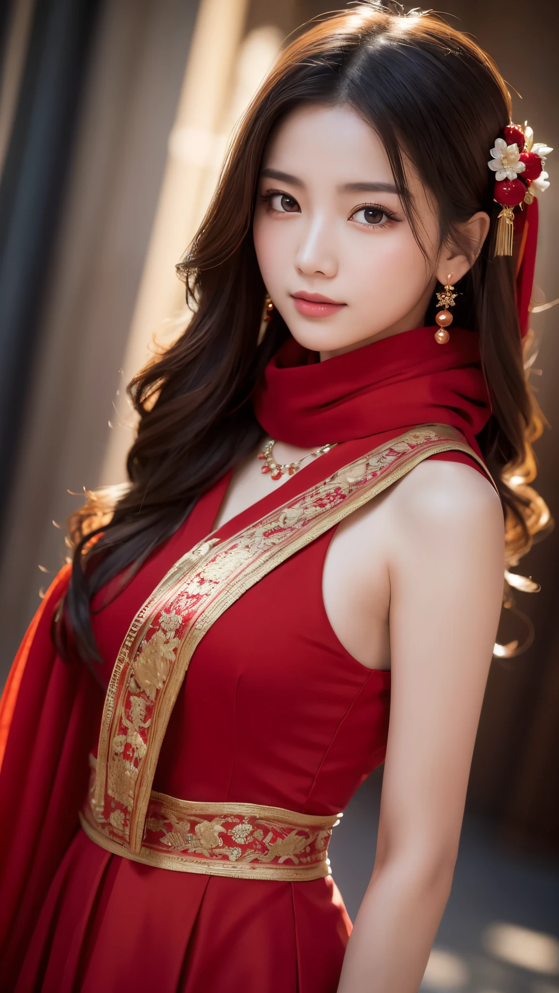最high quality, masterpiece, High resolution, One girl, Chinese Hanfu,Chinese Architect Background, Red scarf, hair ornaments,necklace, jewelry,Beautiful Face,On top of that_body, Tyndall effect,Realistic, Dark studio, Rim Light, Two-tone lighting,(Skin with attention to detail:1.2), 8k uhd, Digital SLR, Soft lighting, high quality, Volumetric lighting, Frank, photograph, High resolution, 4K, 8k, Bokeh,Girl in a red dress