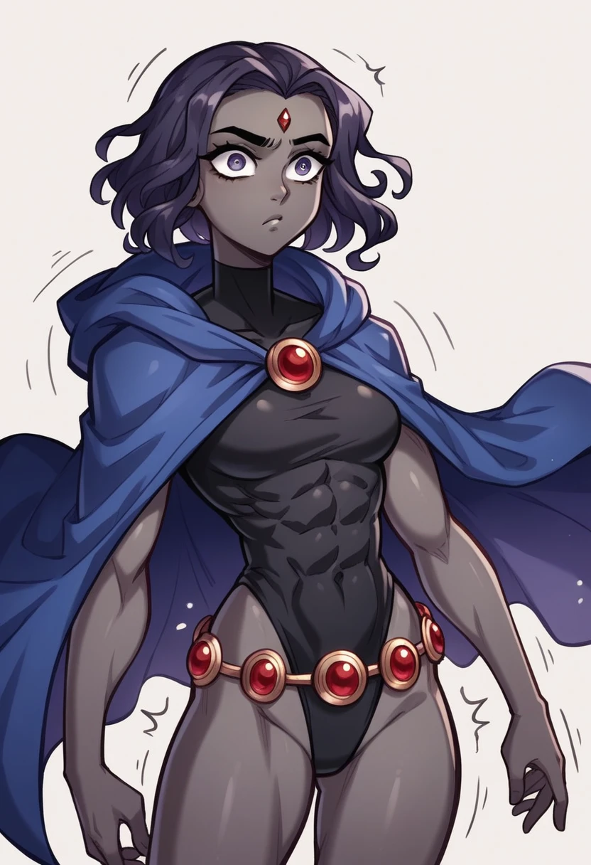 1 girl, Raven, black skin black leotard, black cloack, hooded cloak, Long black wavy hair, forehead jeauel, purples eyes, waist belt, firm skin, standing, toned, breastsout, pose, natta, moonlights, ((posando)), motion lines, trunk, trunk, portraite, b&au. Contour,