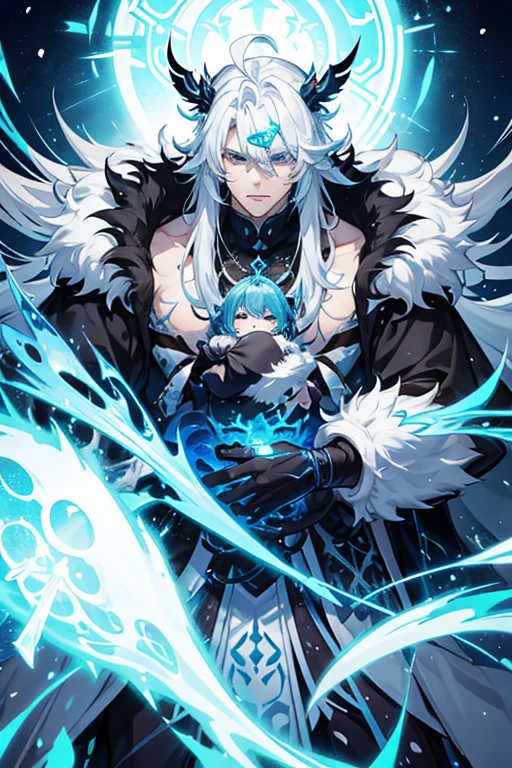 Fatui Harbinger, Genshin Impact oc, male, huge, thick fluffy coat hanging on his shoulders, cold look, spiky SILVER hair with gradient cyan tips, blue inked tattoos, anime, blue ink all over, blue ink on his face ANIME MALE, skin tight black shirt with no sleeves