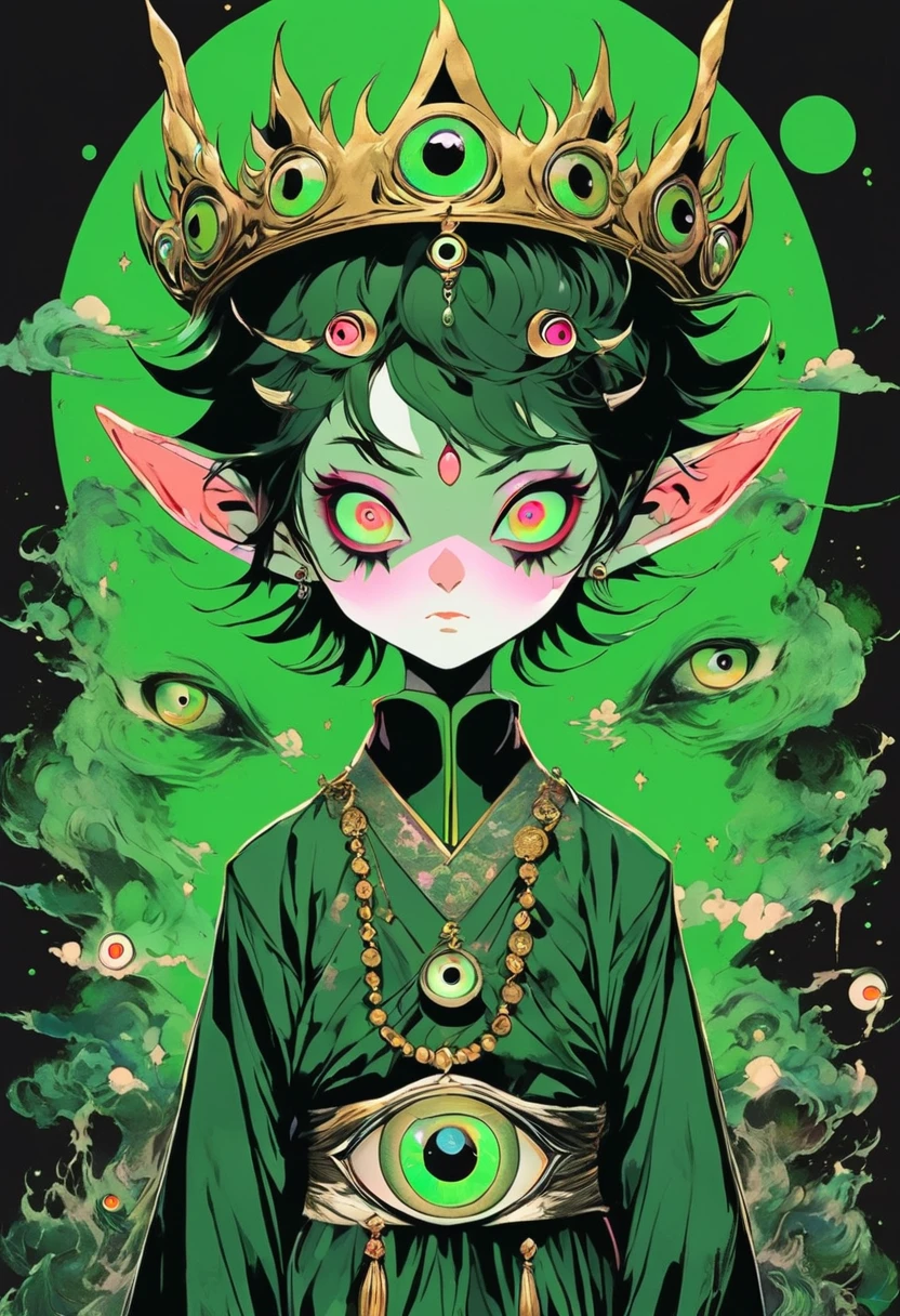 Japanese Anime,Second Dimension,Horror style,horror character,(((Three-eyed boy,独奏,third eye on the forehead,Dark eyeshadow,White short hair,Elf ears,Green Skin,Exaggerated golden crown-eyeball decoration))),(((Japanese clothing))).(((Thin waist,Green belt:1.6))).Pure pink background