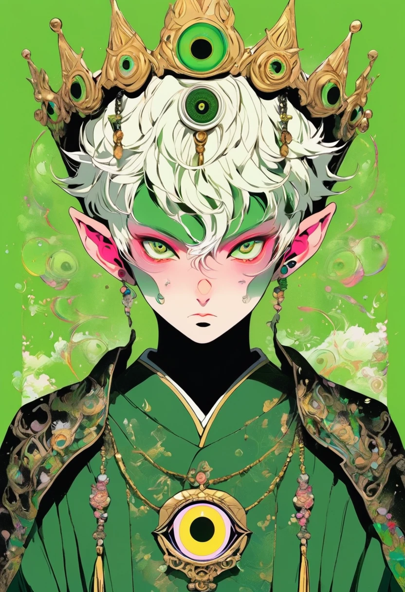 Japanese Anime,Second Dimension,Horror style,horror character,(((Three-eyed boy,独奏,third eye on the forehead,Dark eyeshadow,White short hair,Elf ears,Green Skin,Exaggerated golden crown-eyeball decoration))),(((Japanese clothing))).(((Thin waist,Green belt:1.6))).Pure pink background