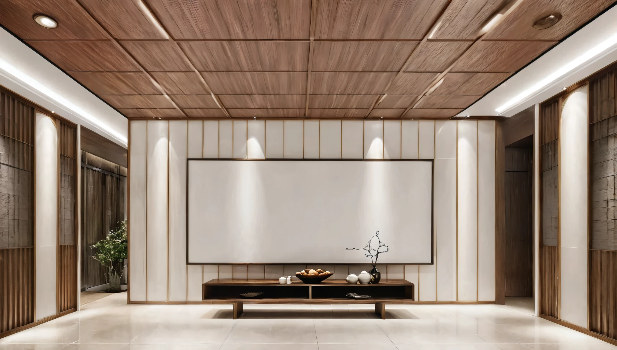 8K, real, (realistic:1.2), exhibition, exhibition hall, background wall, company entrance, (front view:1.1), 24mm wide-angle lens, wood grain, metal, leather style, (simple style:1.2), (light tone:1.1),modern chinese style,white ceiling,recessed lighting,wall decoration