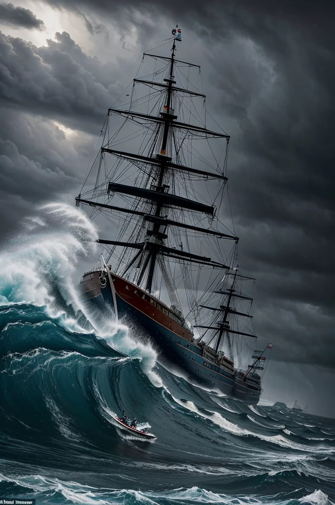 A scene on the high seas with a violent storm, High waves hitting the ships and the crew struggling to maintain control. Hernando is soaked but determined