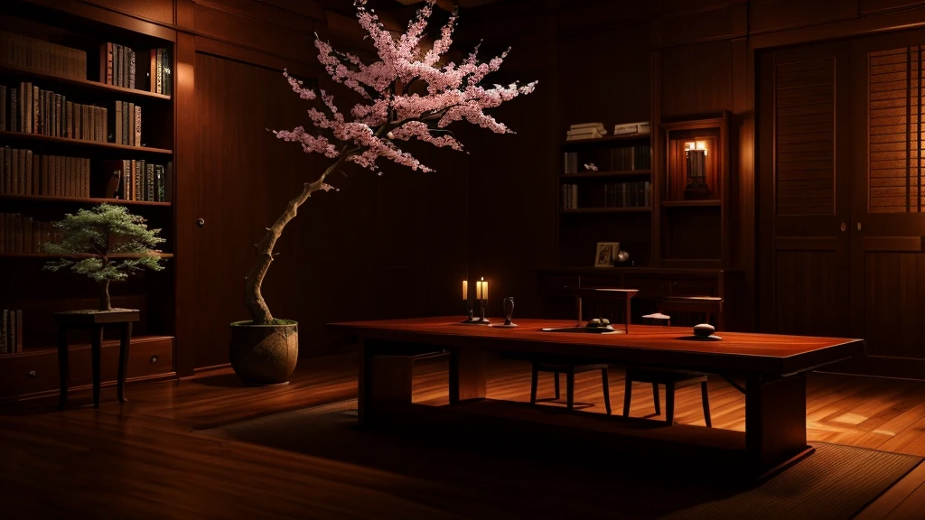 ((ultra realisitic)), (sakura tree), (all on top of a low table), a katana, a Nordic sword and a book (cinematic) (oriental library)