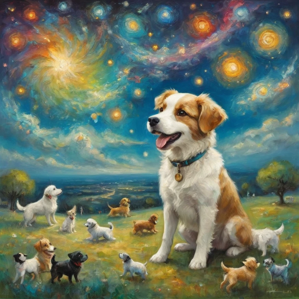 Little, (((a Little cute dog, smile, Look forward))), colorful Note and instruments, Note, It is painted with a fantastical and vibrant aura., ((Surrounded by lots of dogs)), Musical elements, sing, Play a musical instrument, The background depicts a starry space landscape., Milky Way, nebula, Enhances the sense of vastness, ((Marc Chagall style)), The simple art of magic, primitivism, Protogens, ((Highest quality, masterpiece)),
((((Highest detail), Impressionism:1,1, 8k