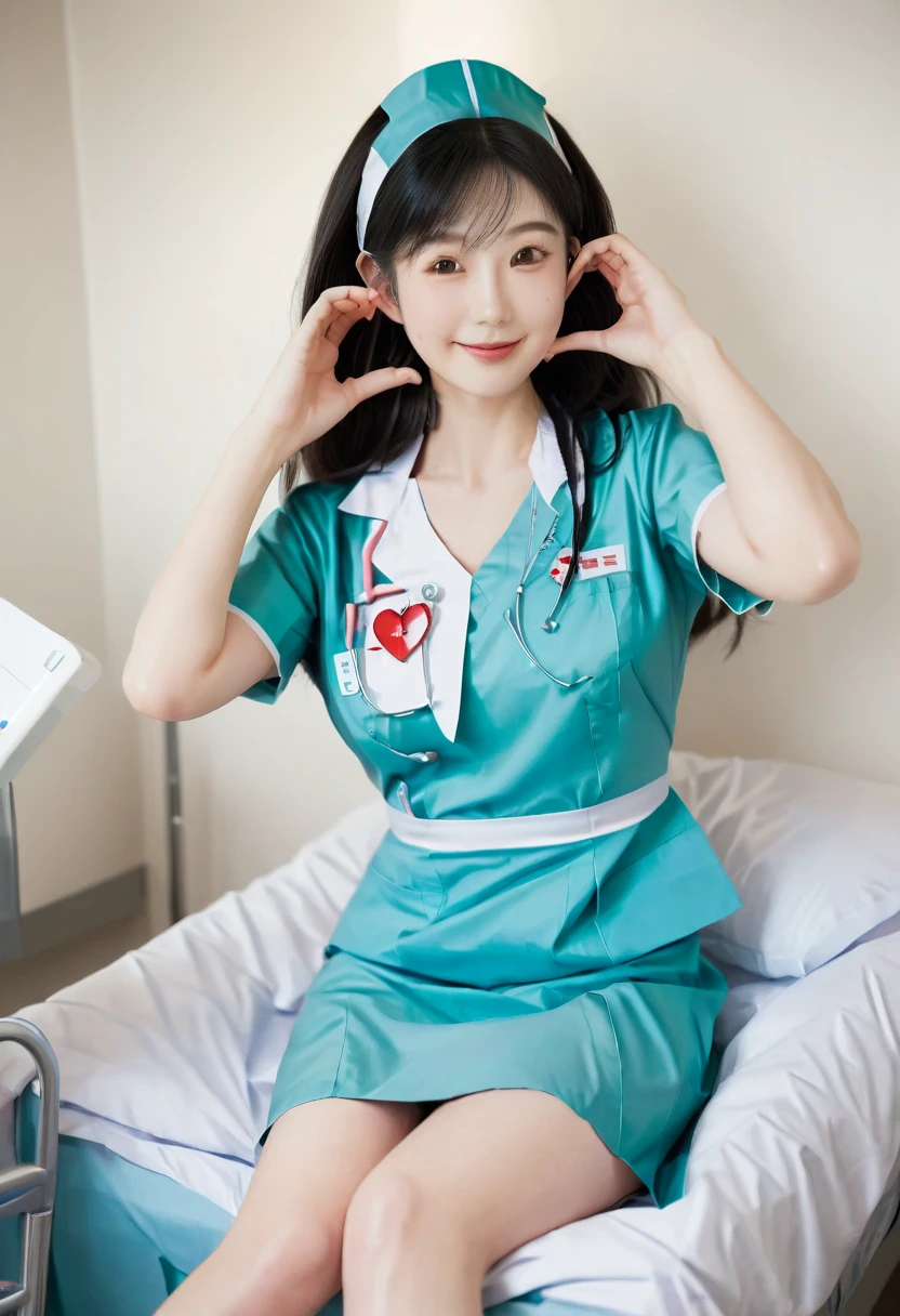 (full body shot), 1girl, (cheek heart:1.4), smiling beautiful Japanese female nurse wearing fitted aqua nurse dress, beautiful detailed face, Japanese woman, sitting, black hair, pale skin, realistic skin, detailed cloth texture, detailed hair texture, Perfect proportion, accurate, Anatomically correct, Highly detailed face and skin texture, modern hospital bed, photorealistic