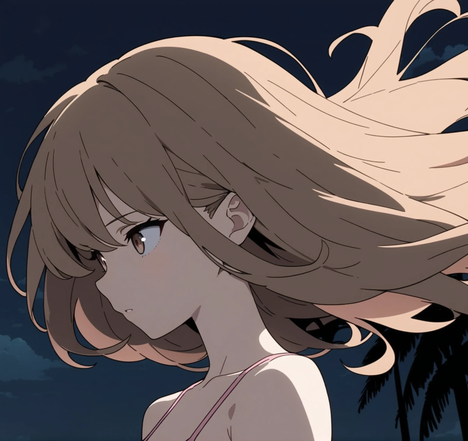Best quality, masterpiece, close up, very long brown hair swept bangs and brown eyes, small breasts, toned arms, pink tank top, jeans, sneakers, anime, courtyard, bench, cobblestone, ferns, outdoors, tropical, clouds,teal buildings, white steps, fence, road, people in background, falling leaves,