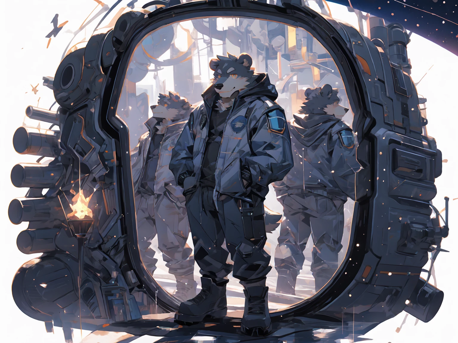 (masterpiece:1.2), best quality,pixiv,official art,perfect anatomy, (Ray tracing, light),solo, (1_male:1.3) , (muscle), (grey fur:1.4), (muscle bear), (beard:1.2), (gleaming golden eyes), bear tail, full body, Thick black eyebrows, (open short hoodie), (naked inside),Ripped short jeans, black short boots, (pure white background: 1.3), (in the space:1.3), Reflection, reflect sky, wide