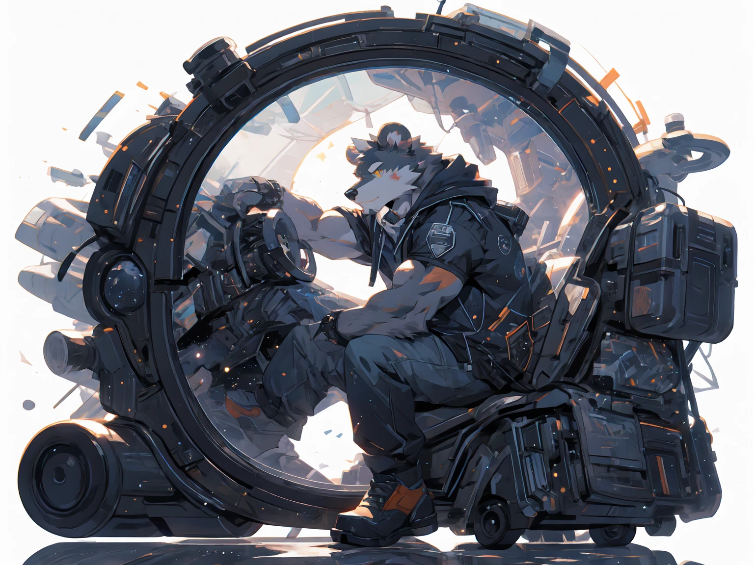 (masterpiece:1.2), best quality,pixiv,official art,perfect anatomy, (Ray tracing, light),solo, (1_male:1.3) , (muscle), (grey fur:1.4), (muscle bear), (beard:1.2), (gleaming golden eyes), bear tail, full body, Thick black eyebrows, (open short hoodie), (naked inside),Ripped short jeans, black short boots, (pure white background: 1.3), (in the space:1.3), Reflection, reflect sky, wide