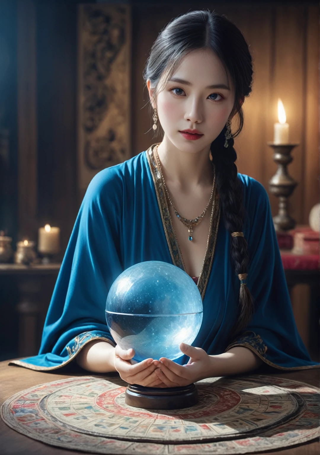 Female fortune teller. Body and face orientation: front. Charm, Beautiful and mysterious. She is wearing a blue cape、Have a clear face. The atmosphere is bright and sparkling, Filled with anxiety and anticipation. A fortune teller is standing. He has a crystal ball in his right hand. The lighting in the room is bright, Create a fantastic atmosphere. Best image quality, 4K or 8K resolution. Extremely detailed and realistic, Almost photorealistic. Artistic style is、It should reflect the formula's aesthetic with bright colors and strong contrast。. The color palette should emphasize the mysterious and mystical theme of the piece.. The fortune teller's cloak is decorated with metal trim and intricate designs.、The thickness ratio is 1.5. The overall atmosphere is starry and magical.. The fortune teller's facial expression should arouse mystical interest..