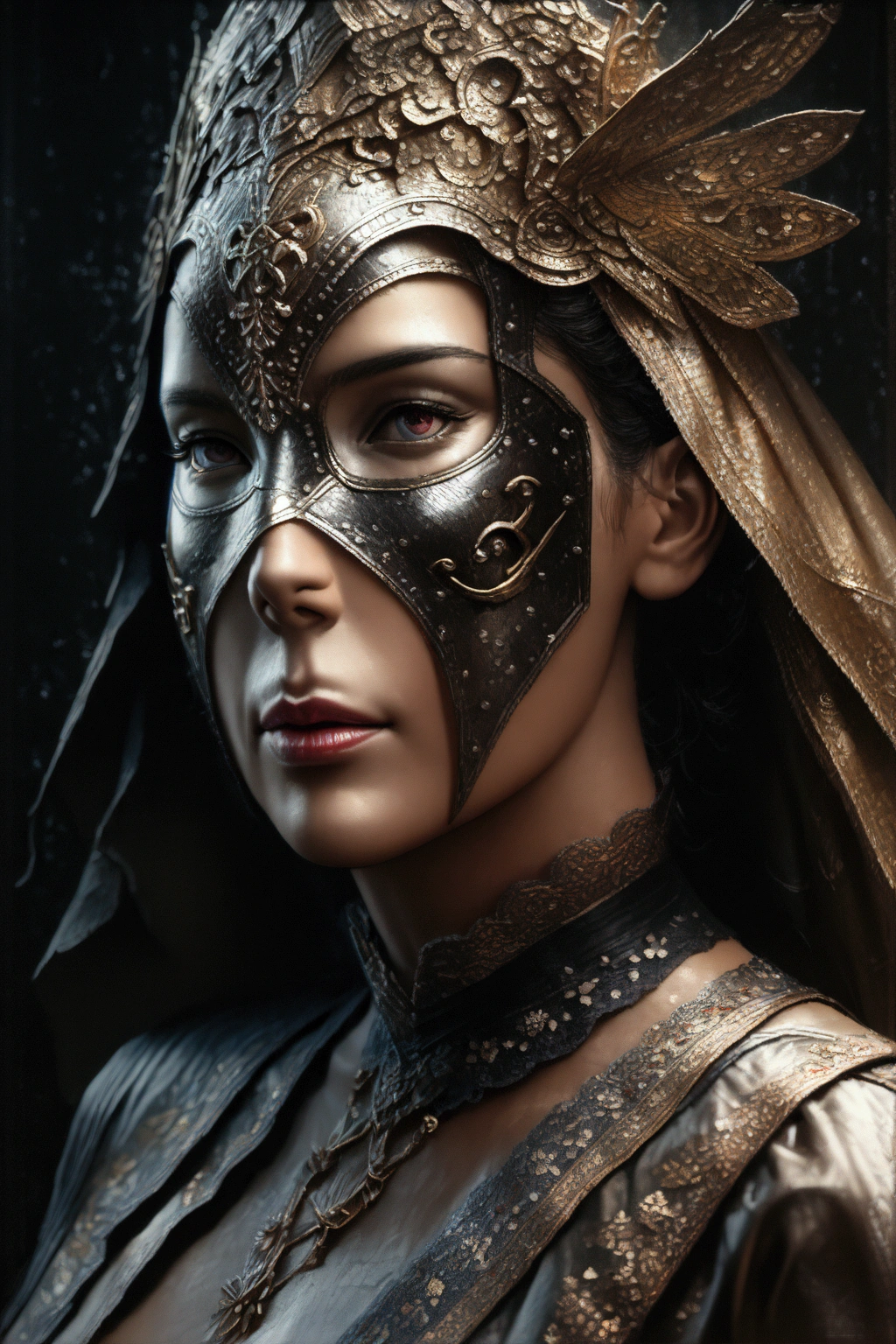 Draw the whole body.
a masked woman at a masquerade secret ,venetian mask,elegant woman,beautiful detailed eyes,beautiful detailed lips,extremely detailed face and features,elaborate costume,intricate mask design,dramatic lighting,mysterious atmosphere,(best quality,4k,8k,highres,masterpiece:1.2),ultra-detailed,(realistic,photorealistic,photo-realistic:1.37),cinematic,chiaroscuro lighting,dramatic shadows,rich color palette,elegant,refined,captivating