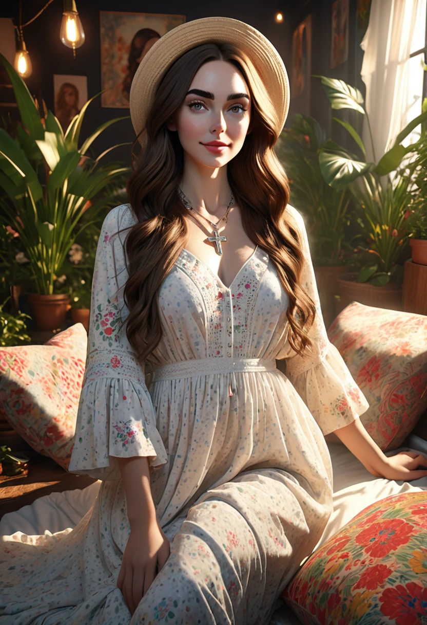 A beautful jewish women with a luscious thick bushy, course unibrow and cute nose. ultra Thick, coaurse, intense, curly, frizzy, long brown hair. Hair that clogs a drain after one shower. Hair you find on pillows and in corners of the room and in your refrigerator six months after the head from which it grew last visited. Hair that could not be straightened even if you had four hours and three hairdressers double-??????? blow driers. Hair that screams: Jew. Boho dress and hat, luxurious long dress、hat. curvy hourglass figure. Ultra HD, the symmetrical face, photorealistic photography, path tracing, specular lighting, and volumetric face light enhance the details. Epic lighting, striking silhouette. crucifix necklace. The symmetrical face, photorealistic photography, path tracing, specular lighting, and volumetric face light enhance the details. The scene is captured in maximum quality, masterpiece, 8K high resolution, and top quality. Lilly Collins. ???? pose, intoxicating smile. crimson lips. in a garden, boho dress, bushy hair
