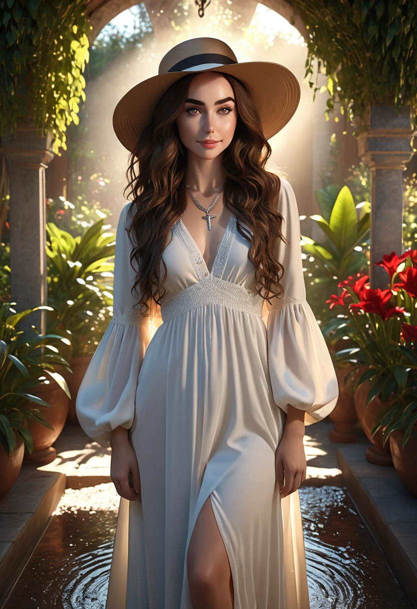 A beautful jewish women with a luscious thick bushy, course unibrow and cute nose. ultra Thick, coaurse, intense, curly, frizzy, long brown hair. Hair that clogs a drain after one shower. Hair you find on pillows and in corners of the room and in your refrigerator six months after the head from which it grew last visited. Hair that could not be straightened even if you had four hours and three hairdressers double-fisting blow driers. Hair that screams: Jew. Boho dress and hat, luxurious long dress、hat. curvy hourglass figure. Ultra HD, the symmetrical face, photorealistic photography, path tracing, specular lighting, and volumetric face light enhance the details. Epic lighting, striking silhouette. crucifix necklace. The symmetrical face, photorealistic photography, path tracing, specular lighting, and volumetric face light enhance the details. The scene is captured in maximum quality, masterpiece, 8K high resolution, and top quality. Lilly Collins. sexy pose, intoxicating smile. crimson lips. in a garden, boho dress, bushy hair